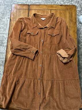 American Eagle Brown Corduroy Button-Up Tiered Babydoll Shirt Dress
